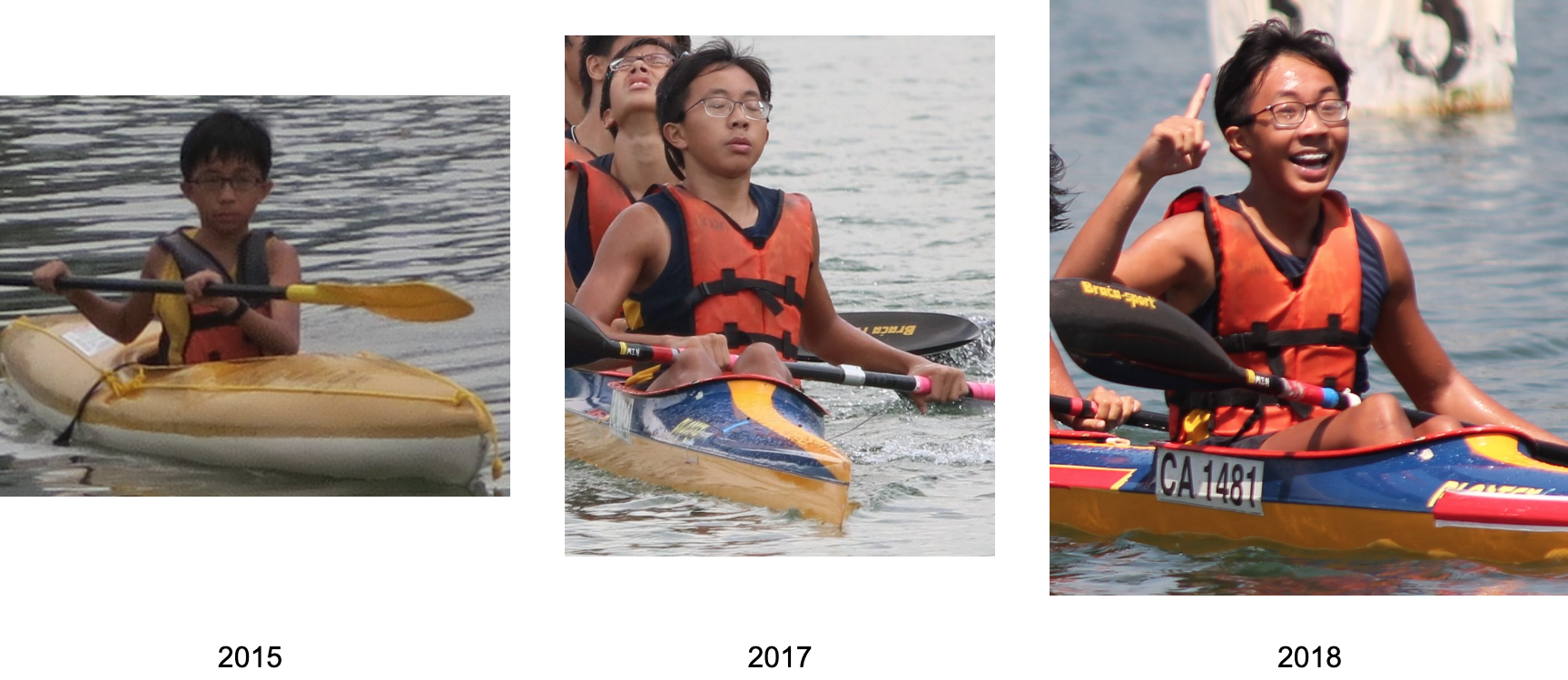 Three photos from 2015, 2017, and 2018 showing a young person kayaking on water, wearing an orange life vest.
